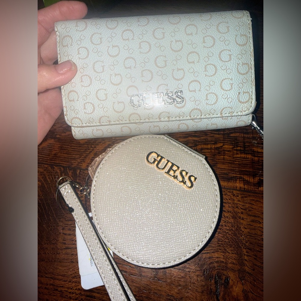 GUESS Tan/Cream Wallet wristlet, card holder & small tan wallet with strap (nwt)